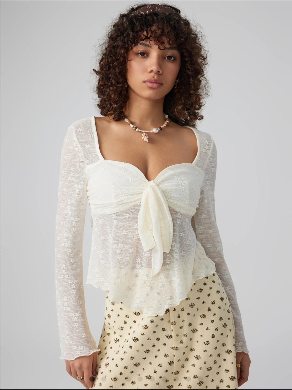 Cider Cream Sheer Lace Square-Neck Knotted Long Sleeve Top